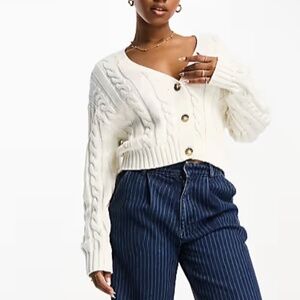 Monki ASOS Cable Knit Cardigan - Beige/White
